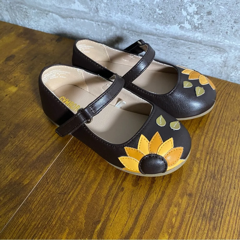 Gymboree Girls Brown Mary Jane Shoes Yellow Sunflower Accent toddler baby size 7